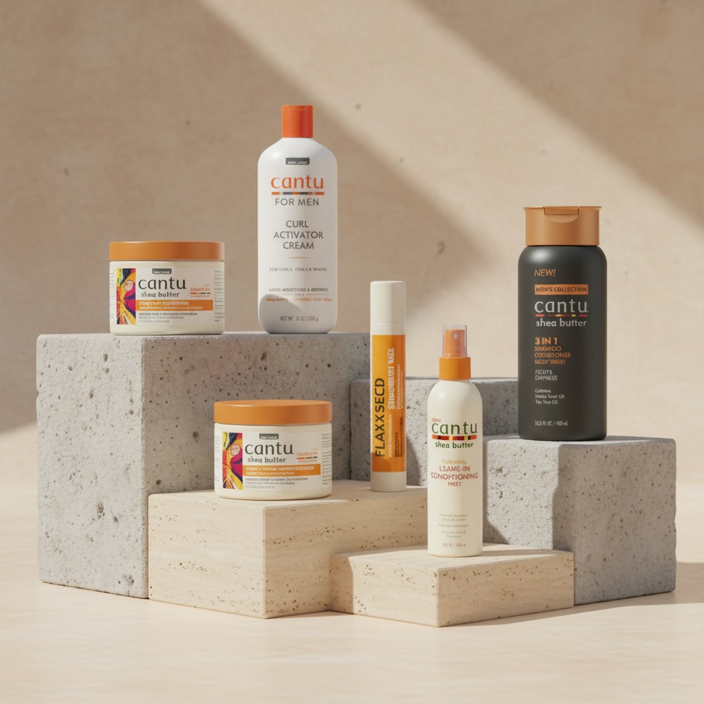 Cantu hair care bundle — curl activator cream, leave-in conditioner and styling products arranged on stone risers