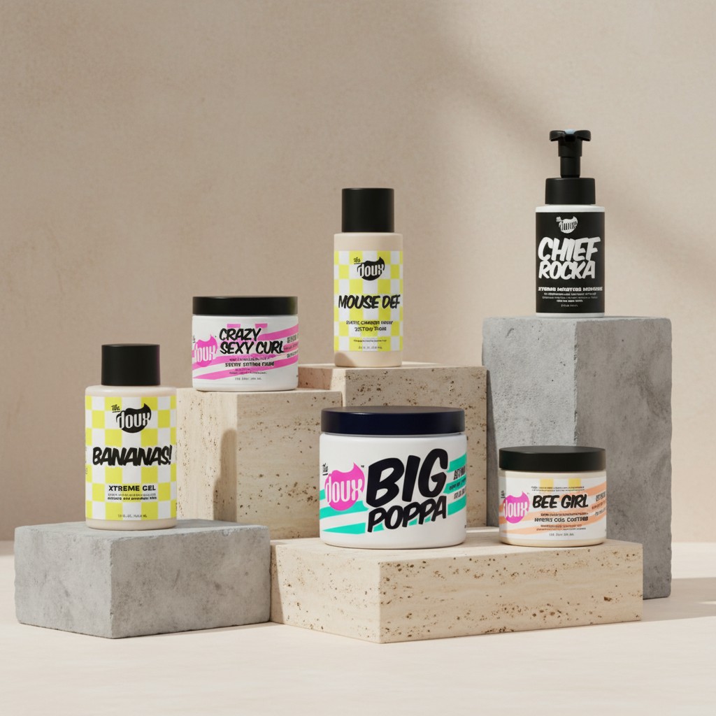 The Doux hair care bundle — Crazy Sexy Curl, Mousse Def, Bee Girl, Big Poppa, Chief Rocka and Bananaril styling products