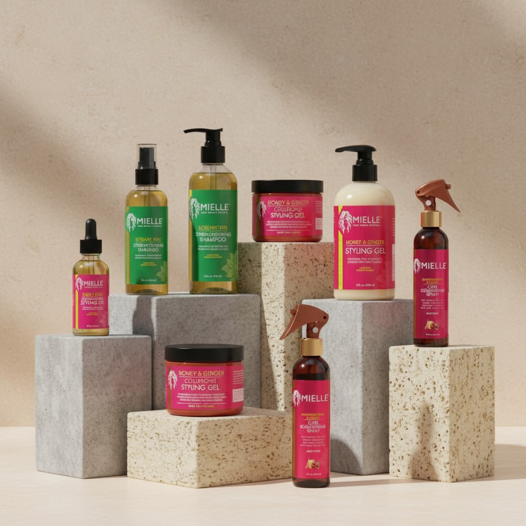 Mielle Organics hair care bundle — Pomegranate & Honey and Rosemary Mint products arranged on stone risers