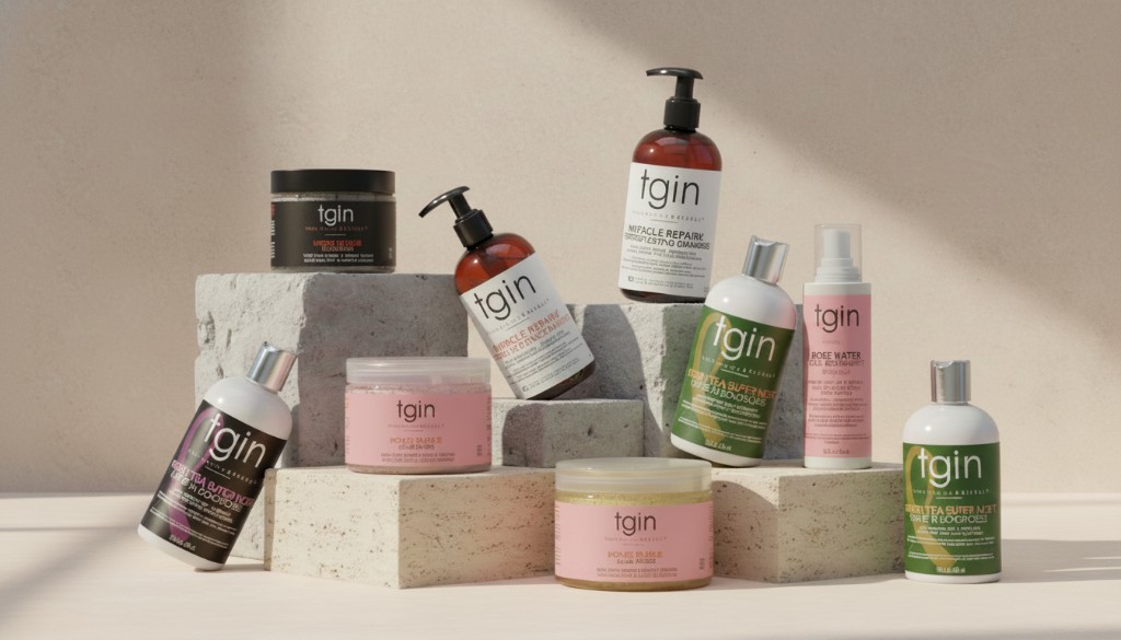 Tgin hair care bundle — shampoo, conditioner, leave-in and styling products arranged on a cream backdrop